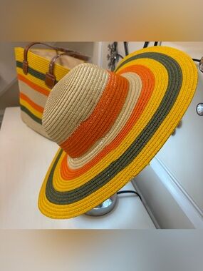 Striped Wide-Brim Straw Sun Hat in Yellow, Orange & Olive